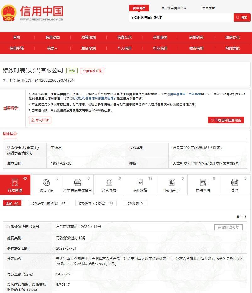 绫致时CQ9电子 CQ9传奇装产销不合格服装被罚247万消费者投诉“强买强卖”