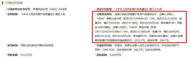 CQ9电子 CQ9传奇电子HM成本57元连衣裙售价249元 因销售不合格服装被罚1266元