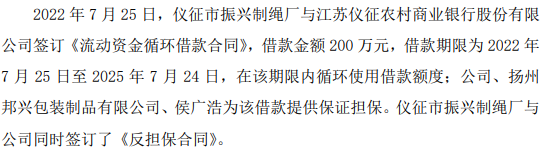 怡人纺织为仪征市CQ9电子 CQ9传奇电子振兴制绳厂200万的借款提供保证担保