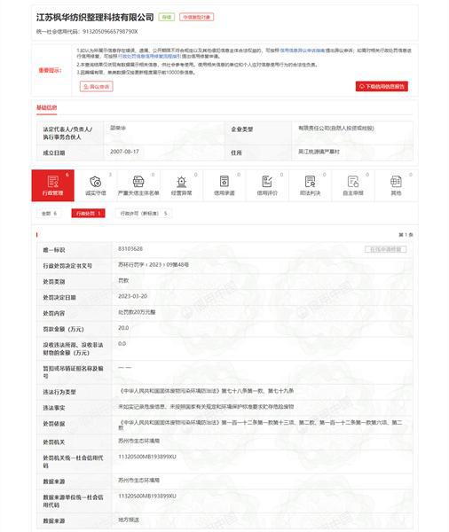 江苏枫华纺织整理科技有限公司违反《中华CQ9电子 CQ9传奇电子人民共和国固体废物污染环境防治法》被罚20万元