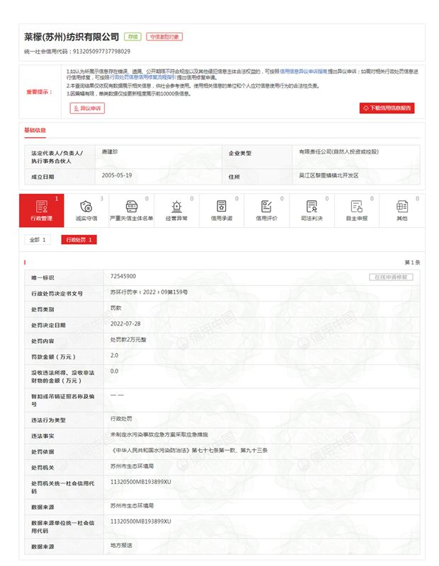 莱檬(苏州)纺织有限公司未制定水污染事CQ9电子 CQ9传奇